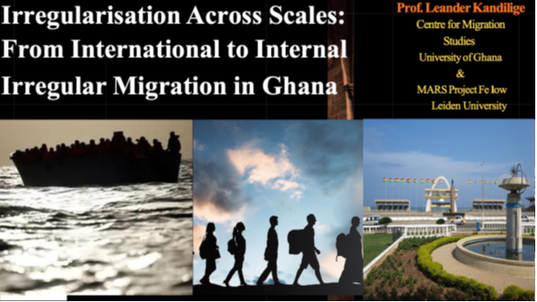 a collage picture depicting different scenes of migration: people walking, some buildings, and the boat full of people in the sea.